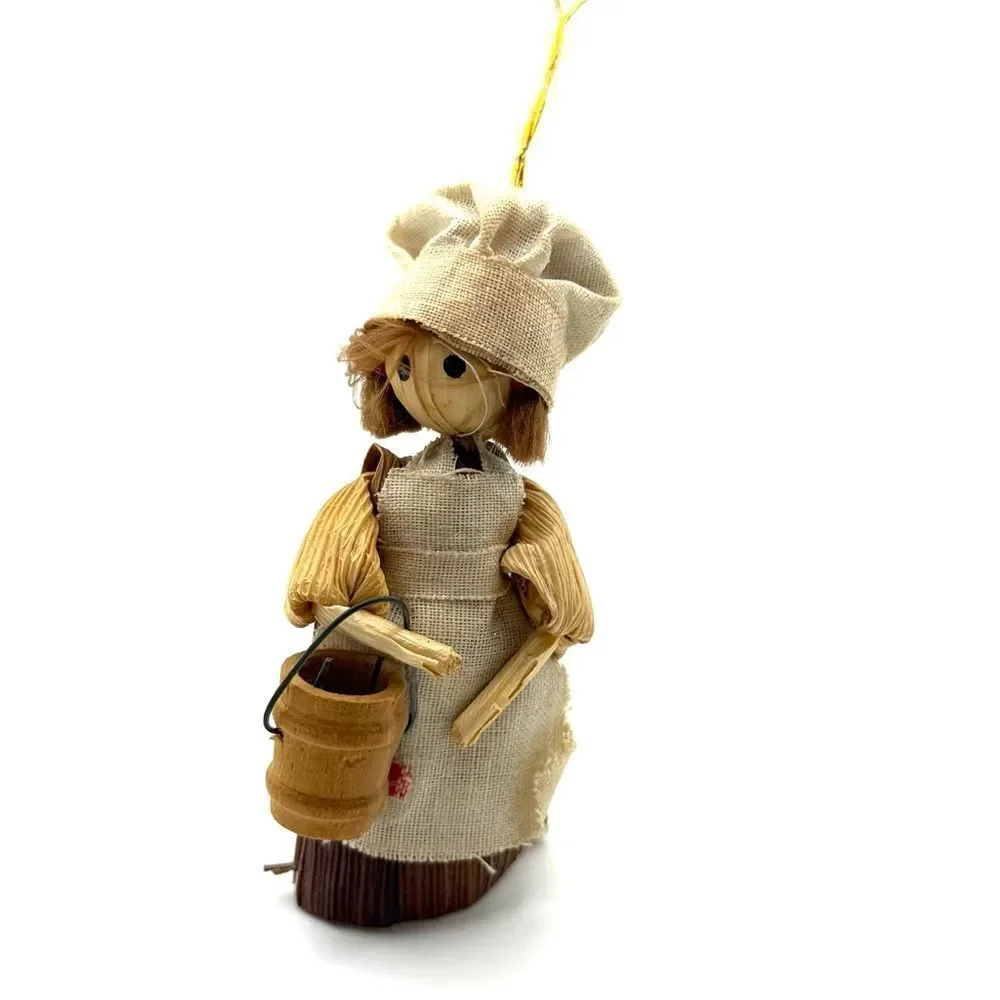 Vintage Corn Husk Doll Woman Apron Cooking Water Bucket Christmas Ornament